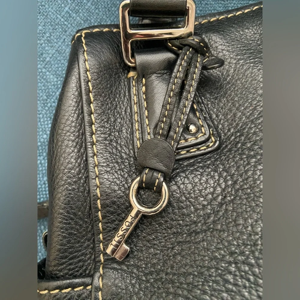 Fossil Black Leather Double Handles Shoulder Handbag Purse Silver Tone Hardware - Picture 10 of 16